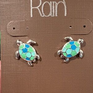 Rain Silver Turtle Earrings with Blue and Green Accents